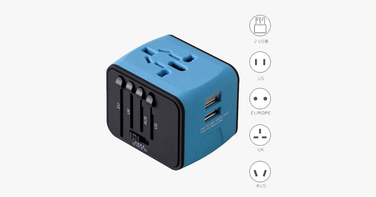 Universal Travel Adapter - Features Universal Socket with 2 USB Ports - Lightweight & Portable - Perfect for All Smart Devices