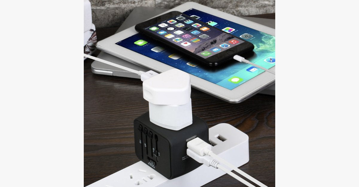 Universal Travel Adapter - Features Universal Socket with 2 USB Ports - Lightweight & Portable - Perfect for All Smart Devices