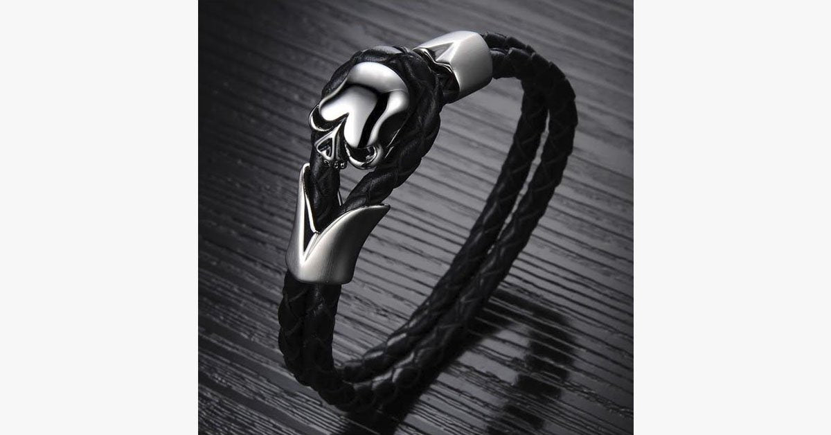 Dirty Skull Black Leather Men's Bracelet