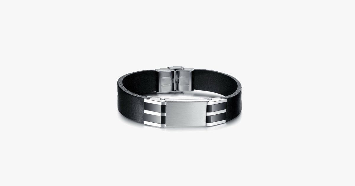 Genuine Leather Bold Men's Stainless Steel Bracelet