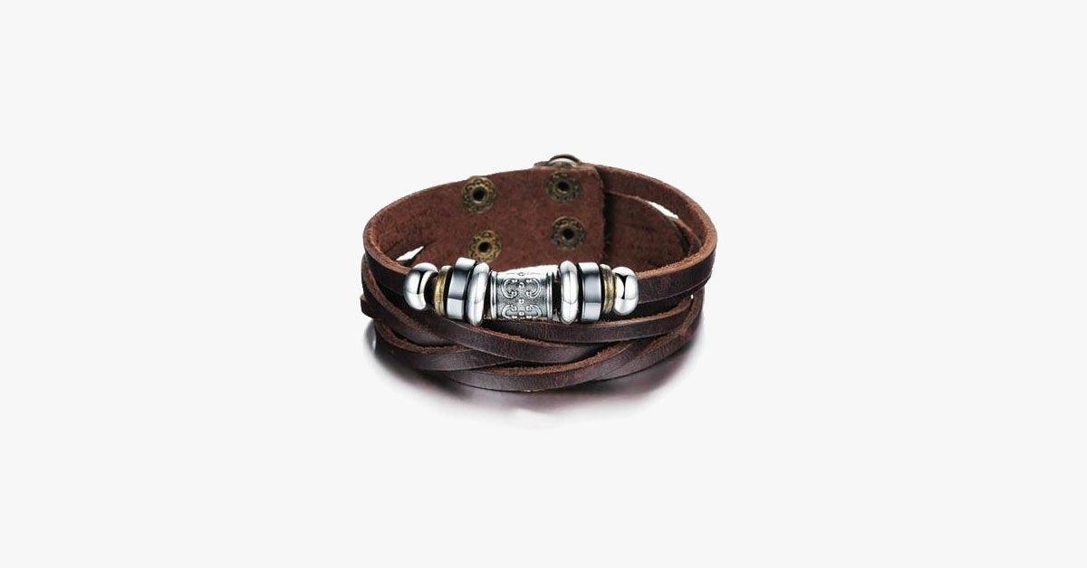 Genuine Leather Heavy Charm Men's Stainless Steel Bracelet