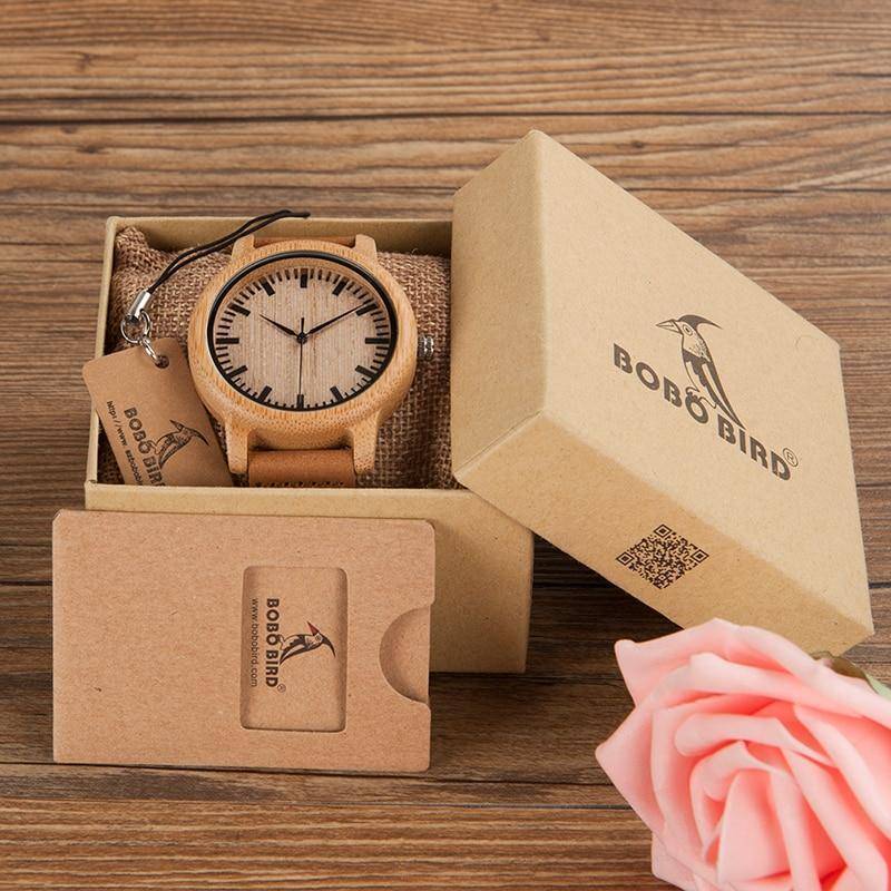 Mens Watch Wooden Bamboo Wristwatch with Leather Strap