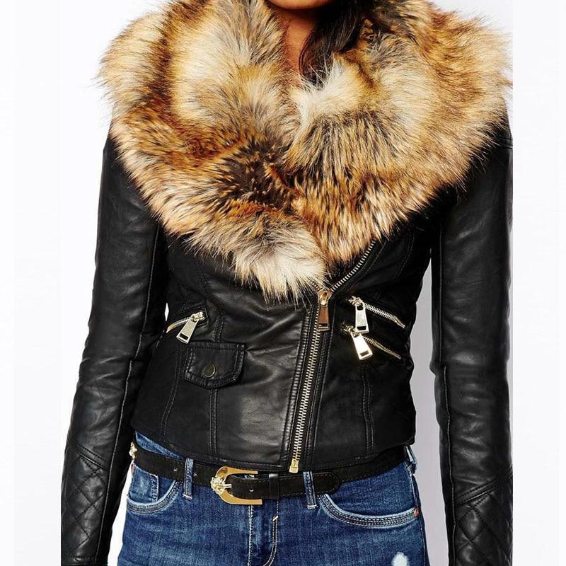 Hot PU Leather Jacket Coat with Faux Fox Fur Collar