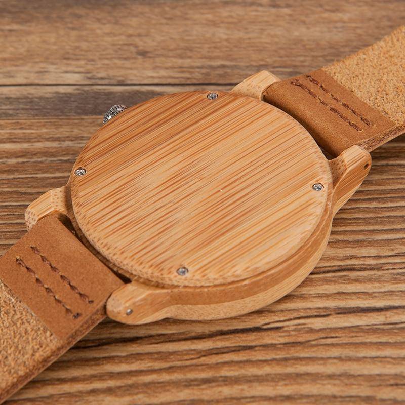 Mens Watch Wooden Bamboo Wristwatch with Leather Strap